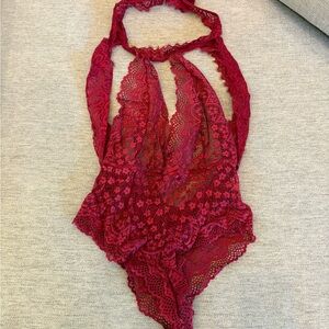 ❤️ Deep Red Lace Teddy Bodysuit | Low Back + Tie Back | Romantic Lingerie